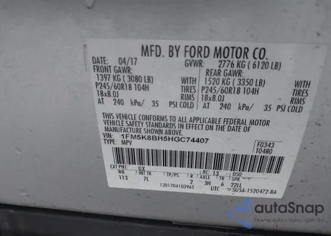 2017 Ford Explorer z USA, uszkodzony, nr VIN 1FM5K8BH5HGC74407